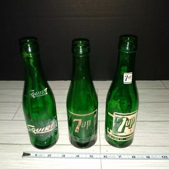 Vintage Soda Bottles Seven Up 7up & Squirt Set Of 3 Green Bottles 8'in Tall - Picture 2 of 9